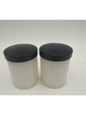 Two VTG White Bottles Milk Glass with Metal Lids Unmarked Cosmetics Empty